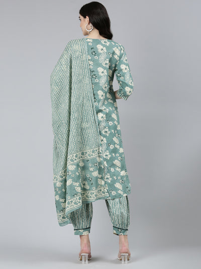 Neerus Green Regular Straight Floral Kurta Sets And Salwar With Dupatta