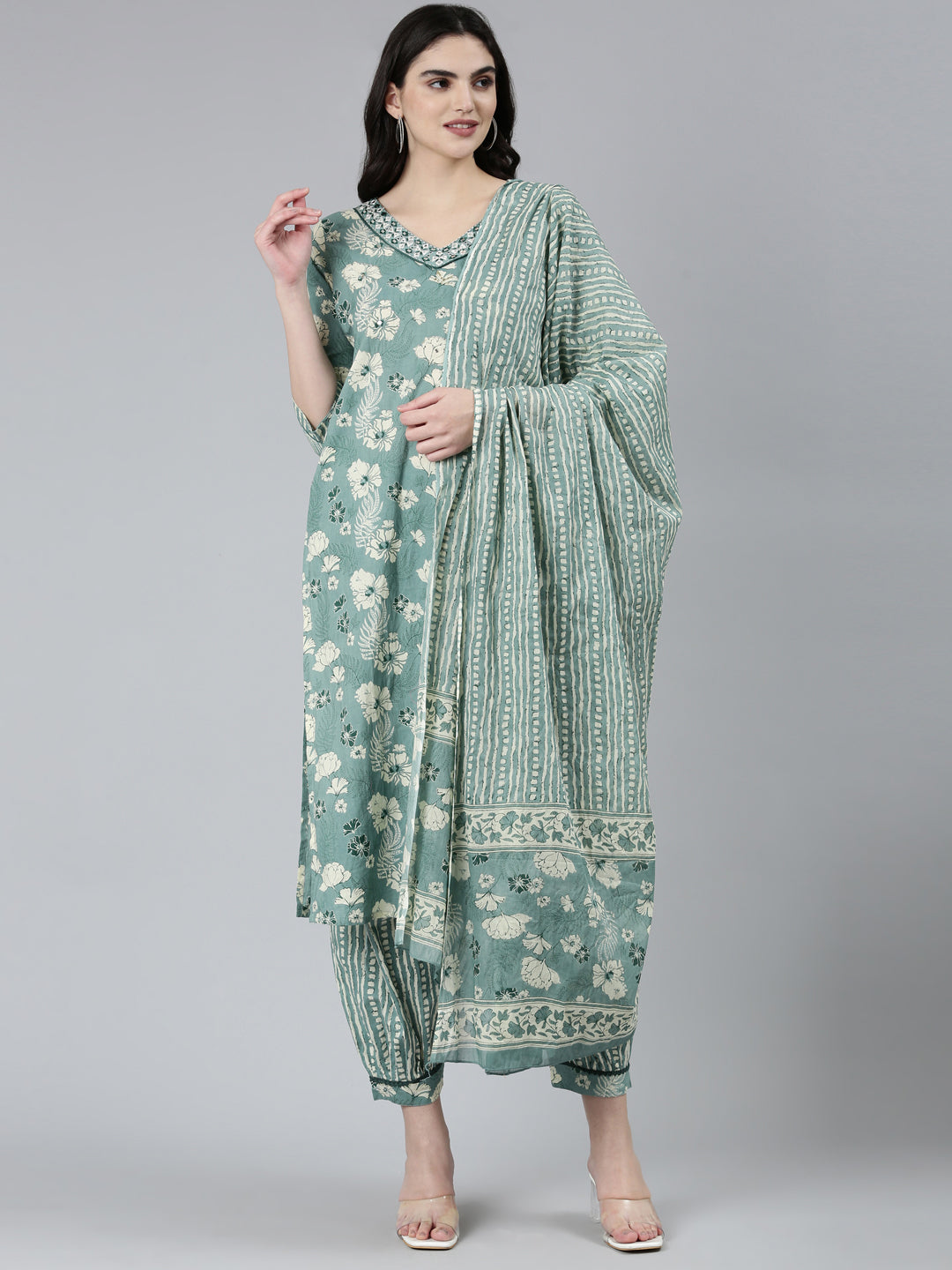 Neerus Green floral printed kurta set with salwar and dupatta - detail view 2