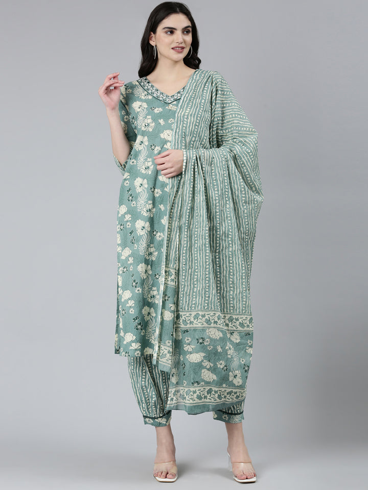 Neerus Green floral printed kurta set with salwar and dupatta - detail view 2