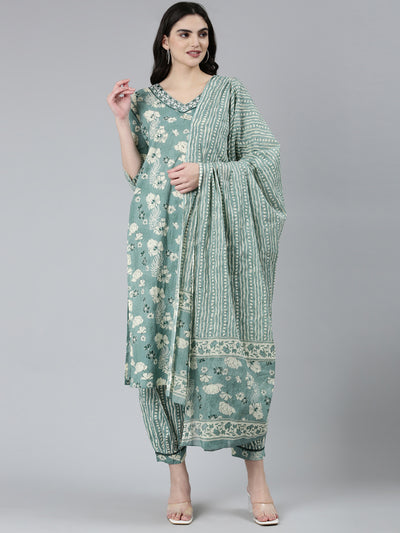Neerus Green Regular Straight Floral Kurta Sets And Salwar With Dupatta