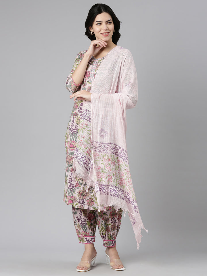 Neerus Pink printed straight kurta set with dupatta - front view