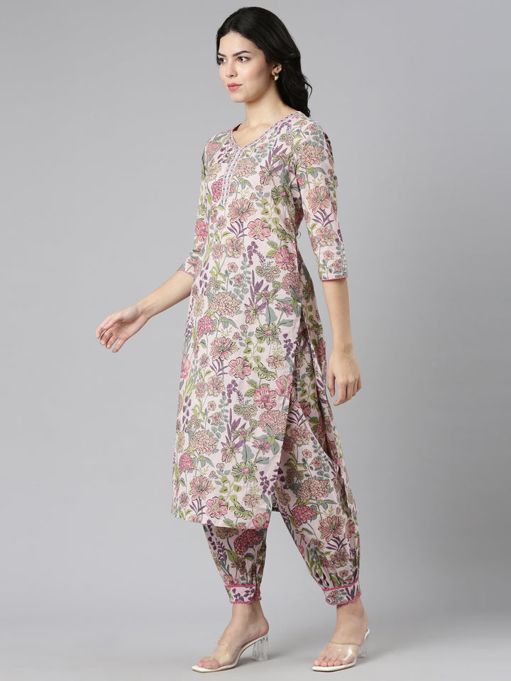 Neerus Pink printed straight kurta set with dupatta - back view
