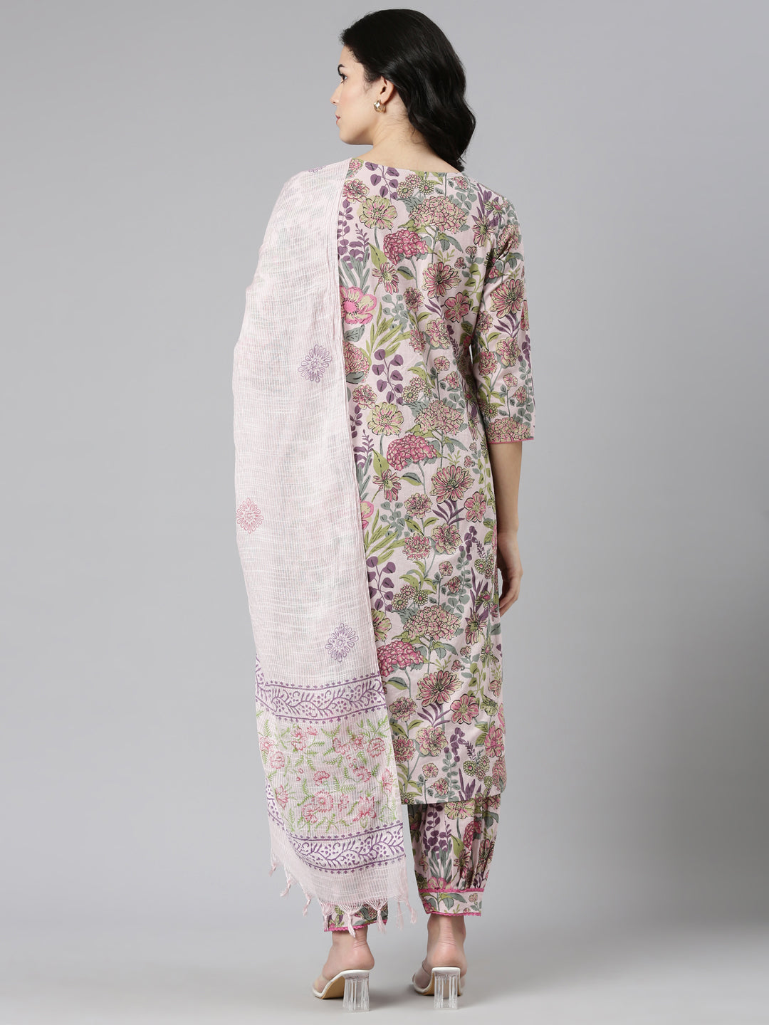 Neerus Pink printed straight kurta set with dupatta - side view