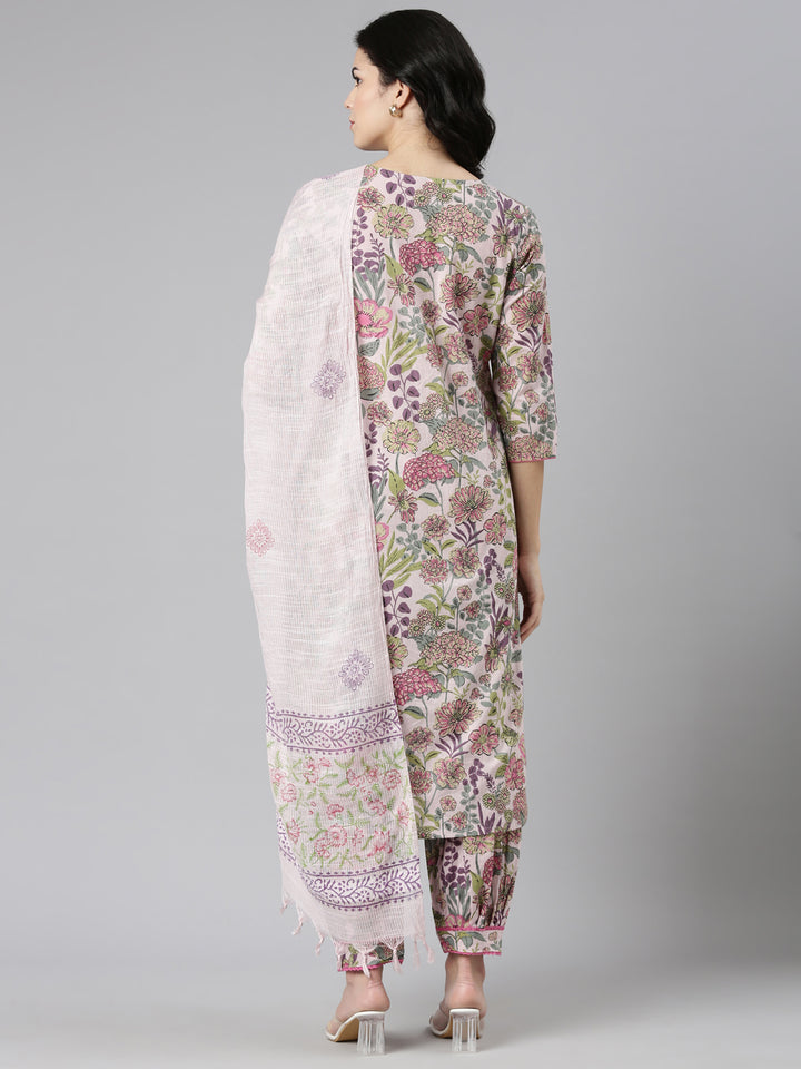 Neerus Pink printed straight kurta set with dupatta - side view