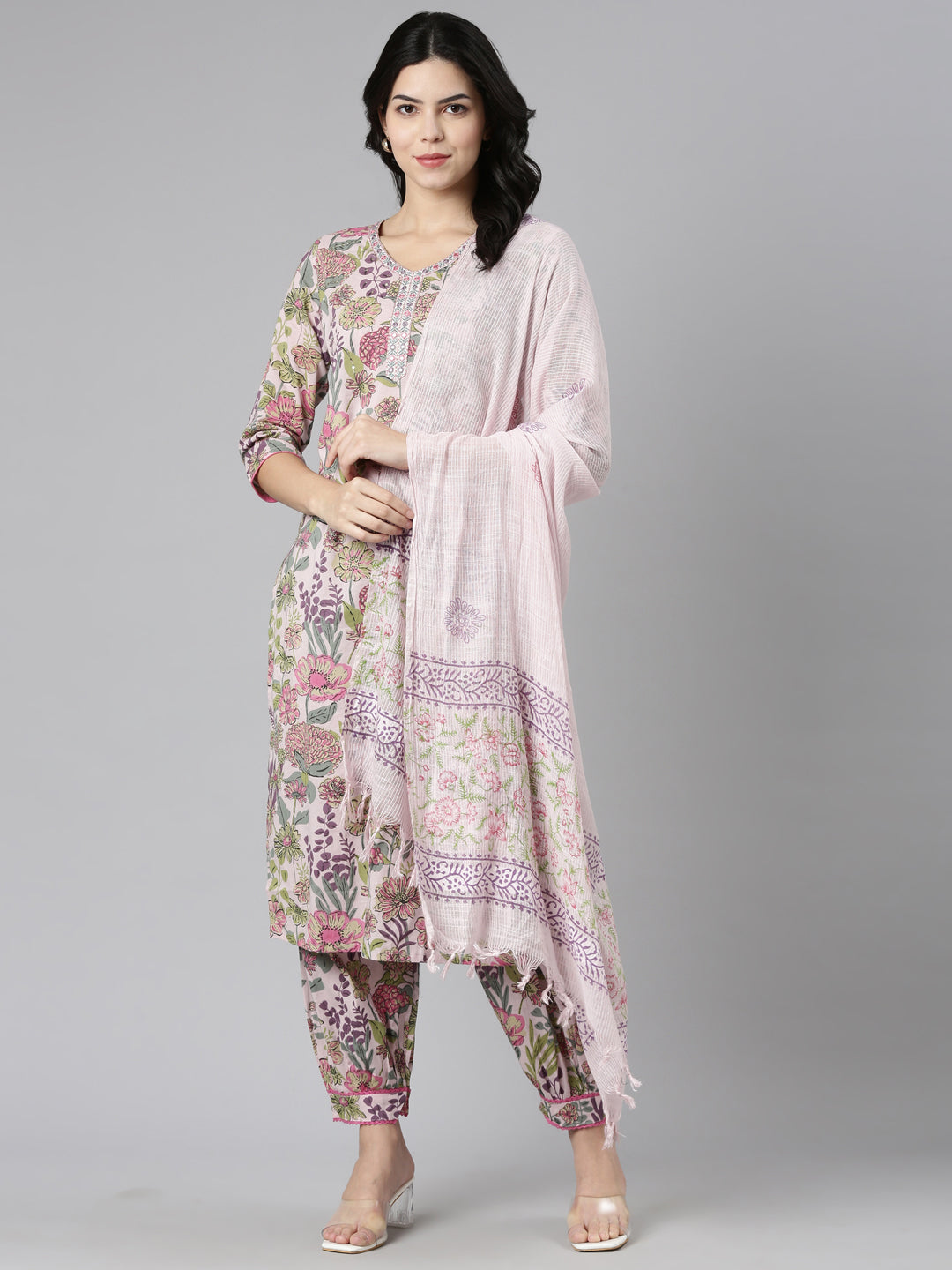 Neerus Pink printed straight kurta set with dupatta - detail view 2
