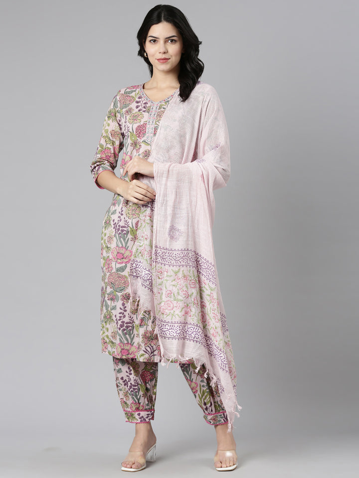 Neerus Pink printed straight kurta set with dupatta - detail view 2