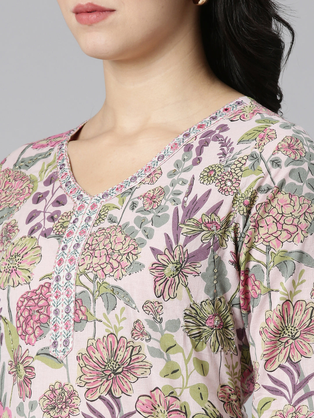 Neerus Pink printed straight kurta set with dupatta - detail view 1