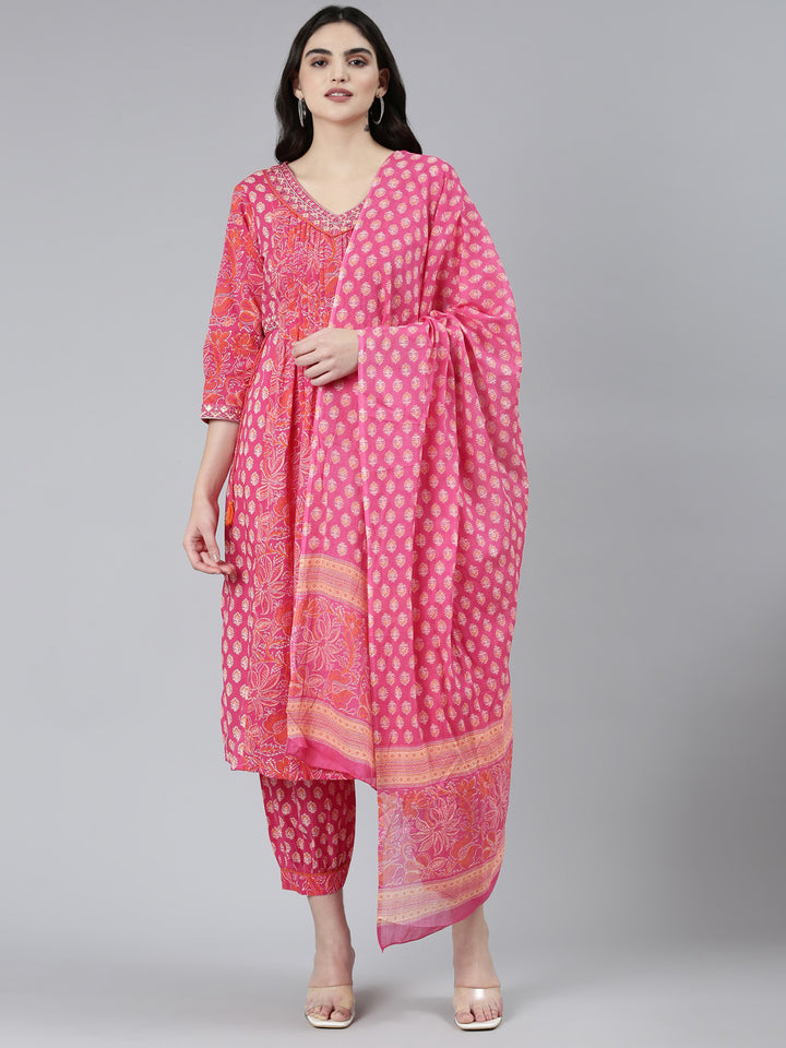 Neerus Pink cotton printed kurta set with dupatta - front view