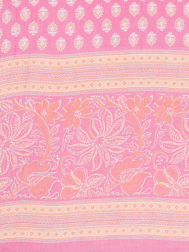 Neerus Pink cotton printed kurta set with dupatta - detail view 4