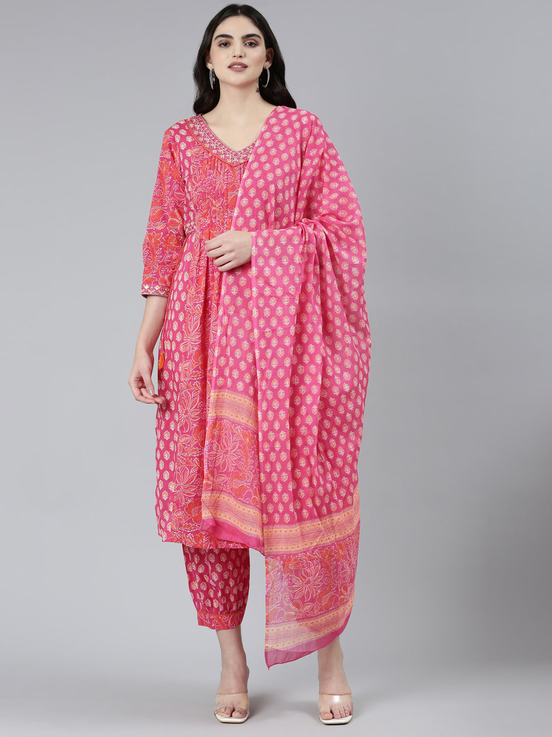 Neerus Pink Regular Straight Floral Kurta Sets And Salwar With Dupatta