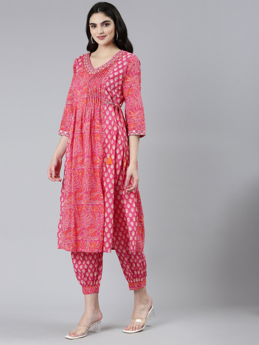 Neerus Pink cotton printed kurta set with dupatta - back view