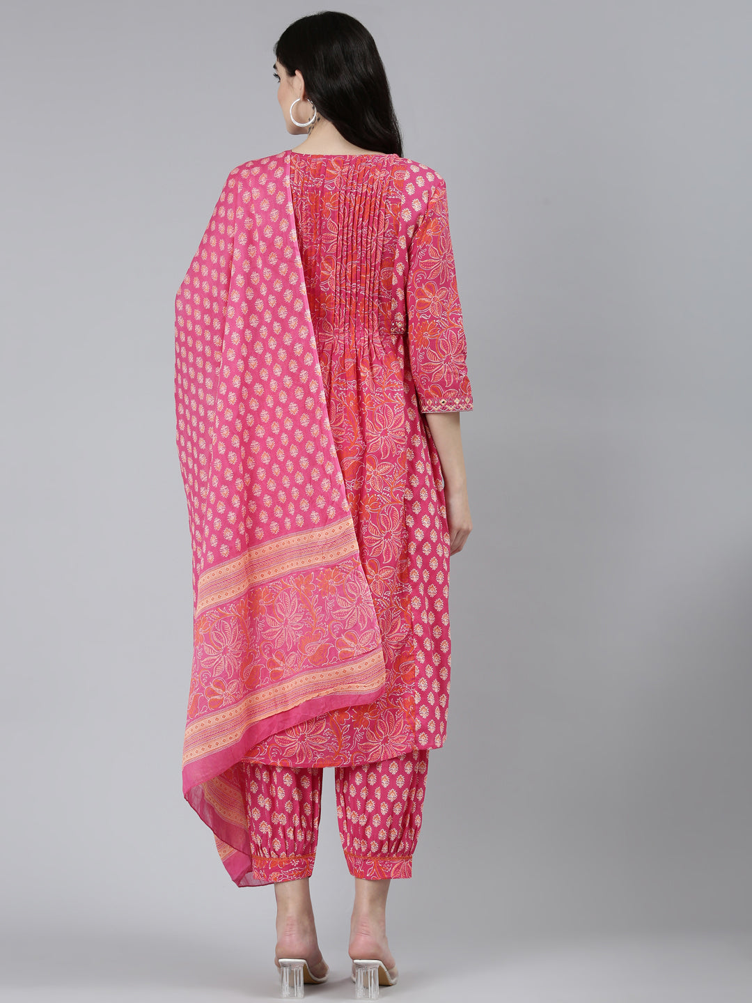 Neerus Pink cotton printed kurta set with dupatta - side view