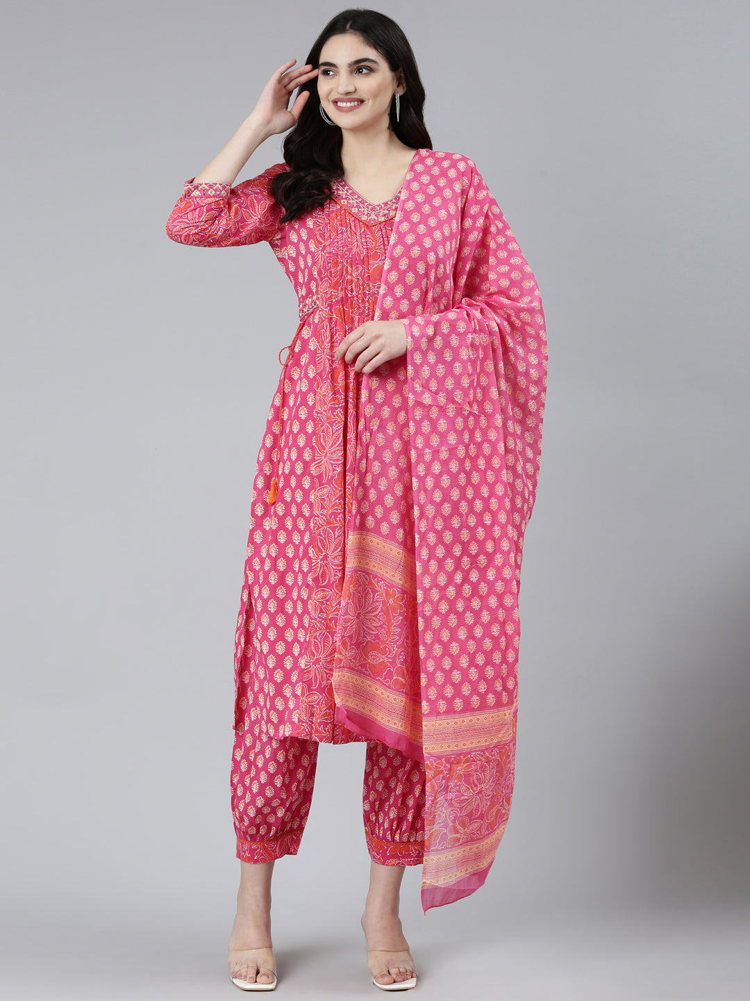 Neerus Pink cotton printed kurta set with dupatta - detail view 2
