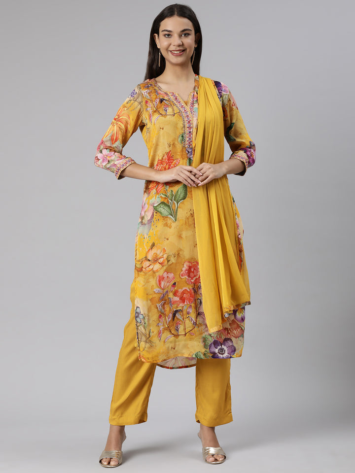 Neerus Yellow chiffon printed suit set - front view