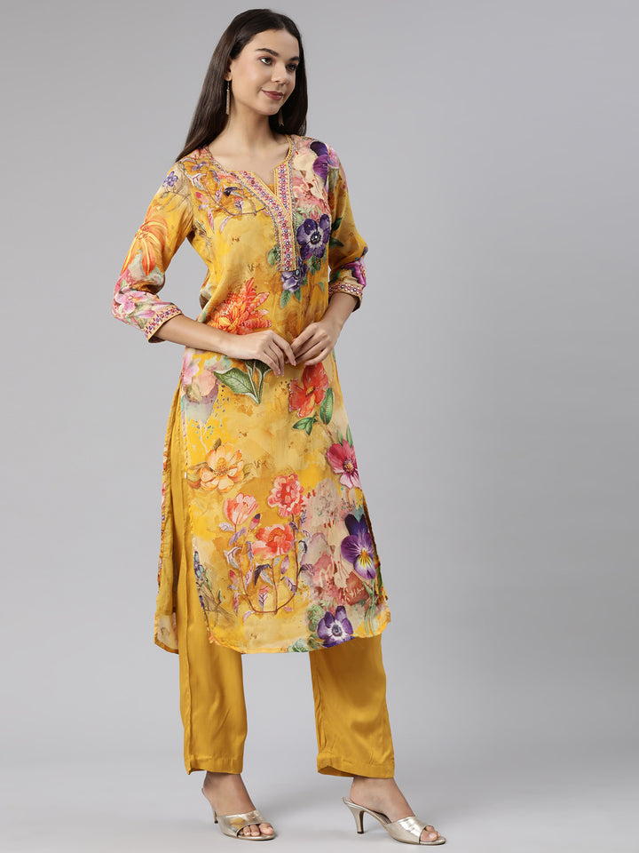 Neerus Yellow chiffon printed suit set - back view