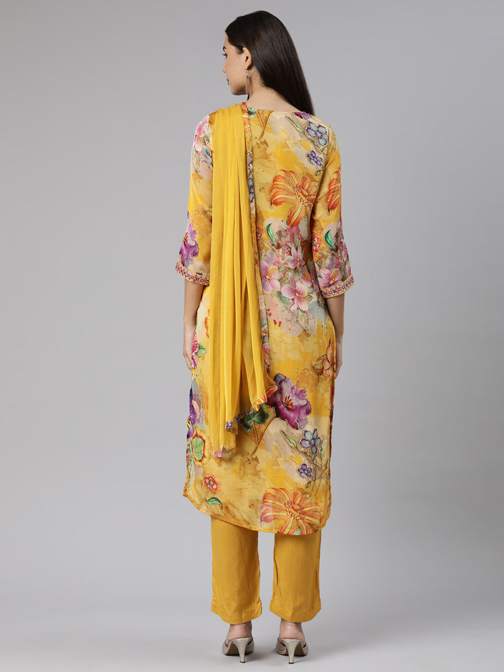 Neerus Yellow chiffon printed suit set - side view