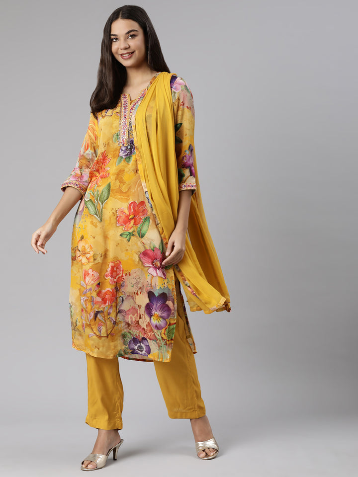 Neerus Yellow chiffon printed suit set - detail view 1