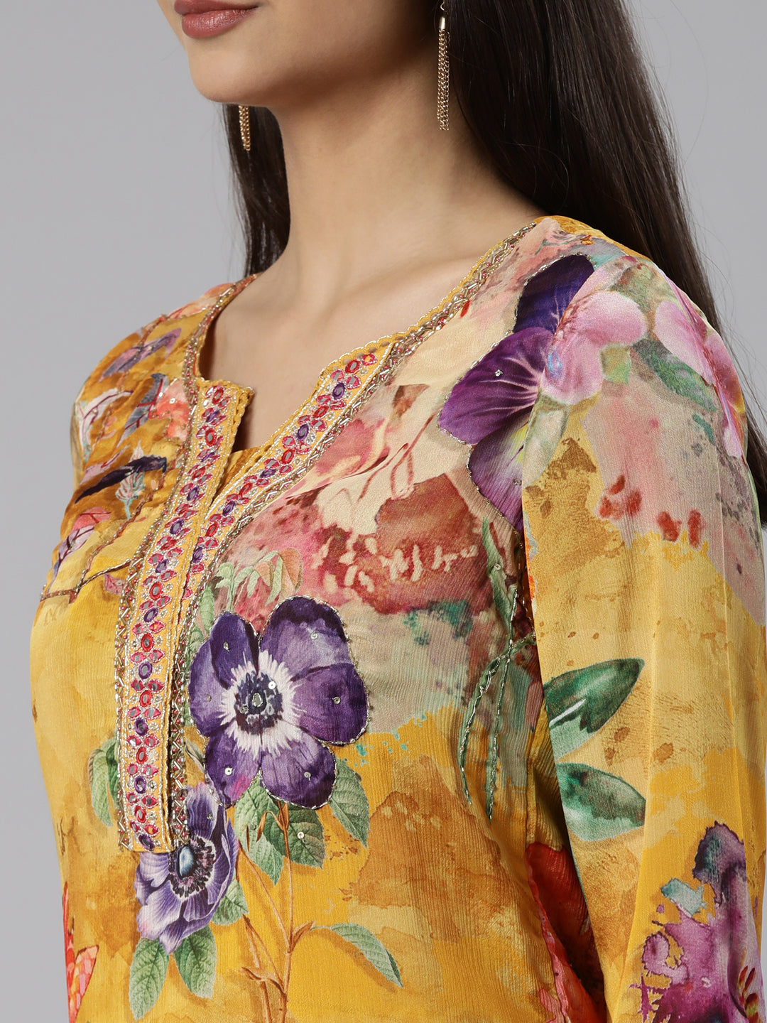 Neerus Yellow chiffon printed suit set - detail view 2