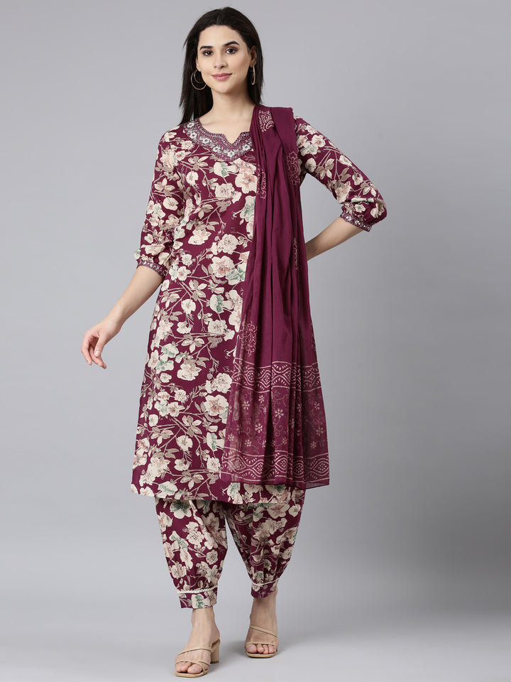 Neerus Purple printed floral suit set - front view