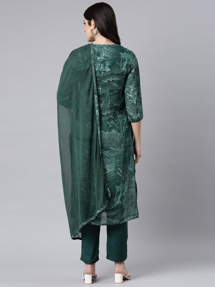 Neerus Green Regular Straight Tribal Kurta And Trousers With Dupatta