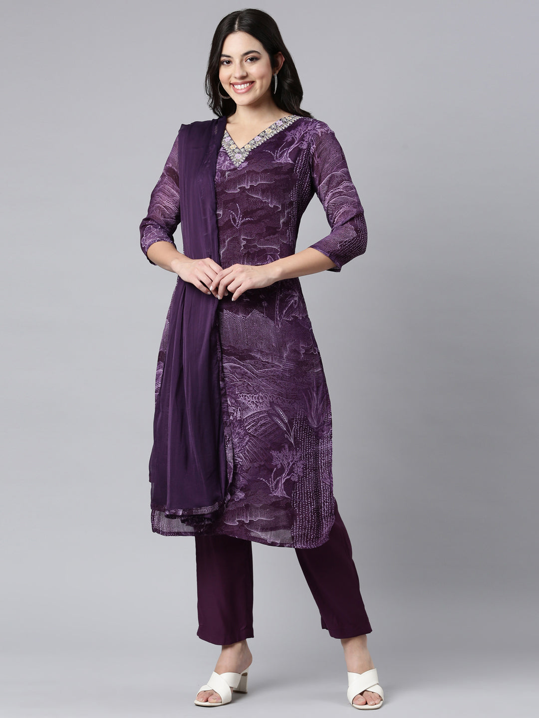 Neerus Purple Regular Straight Tribal Kurta And Trousers With Dupatta