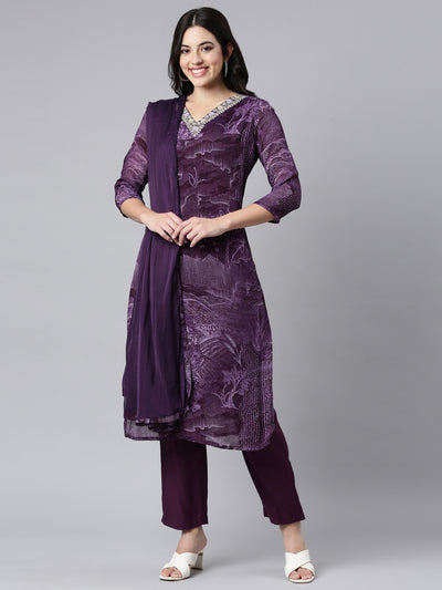 Neerus Purple Regular Straight Tribal Kurta And Trousers With Dupatta