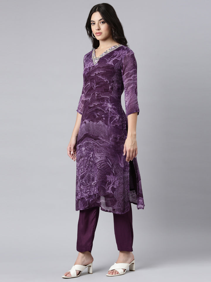 Neerus Purple printed ethnic suit set - back view