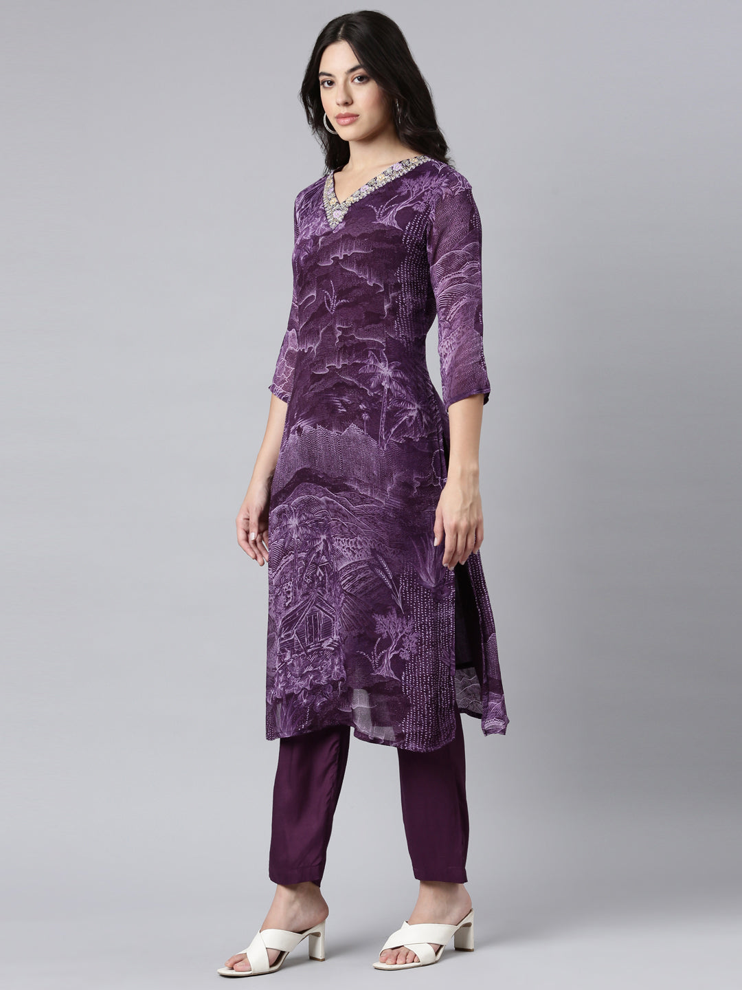 Neerus Purple Regular Straight Tribal Kurta And Trousers With Dupatta