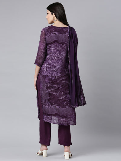 Neerus Purple Regular Straight Tribal Kurta And Trousers With Dupatta
