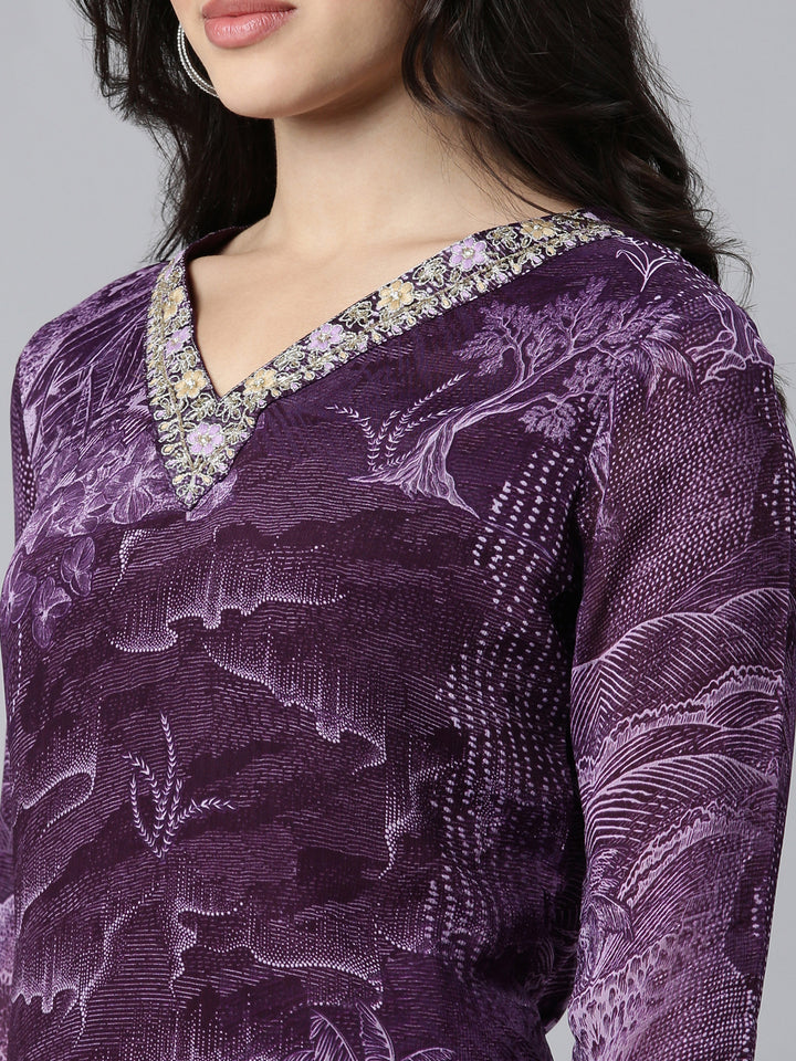 Neerus Purple printed ethnic suit set - detail view 1