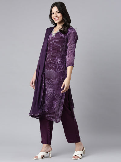Neerus Purple Regular Straight Tribal Kurta And Trousers With Dupatta