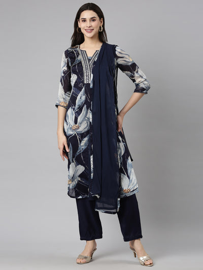 Neerus Navy Blue Regular Straight Floral Kurta And  Trousers With Dupatta