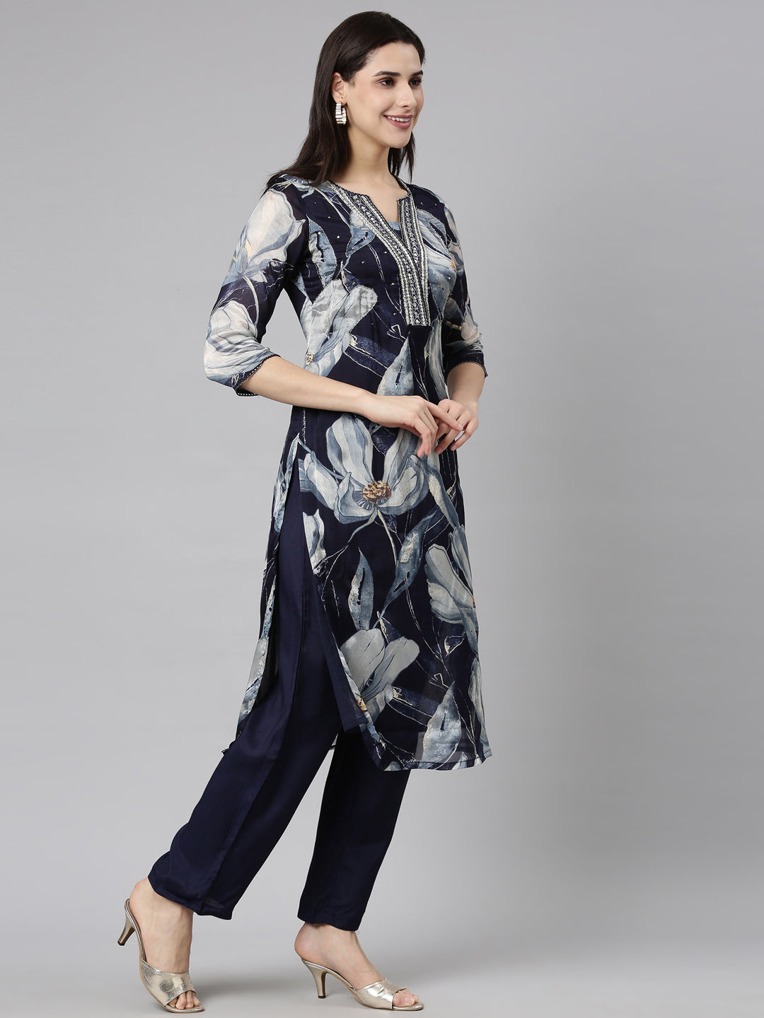 Neerus Navy Blue Regular Straight Floral Kurta And  Trousers With Dupatta