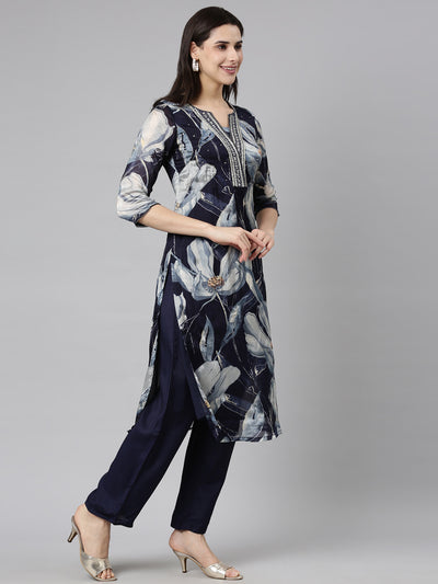 Neerus Navy Blue Regular Straight Floral Kurta And  Trousers With Dupatta