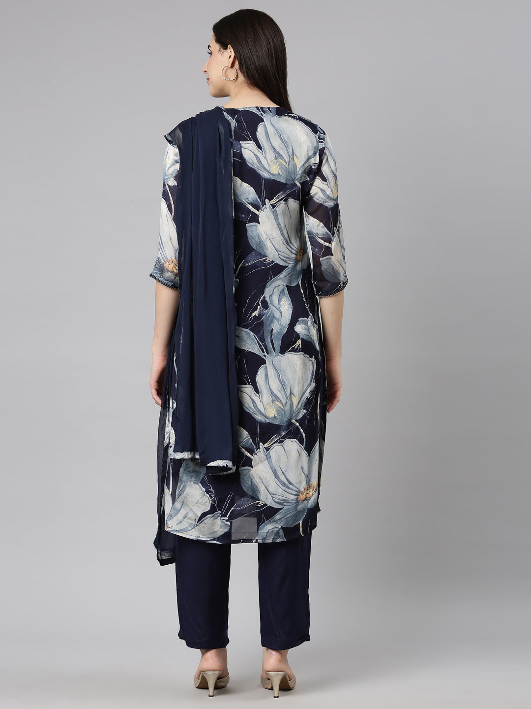 Neerus Blue Rayon Printed Suit Set - side view