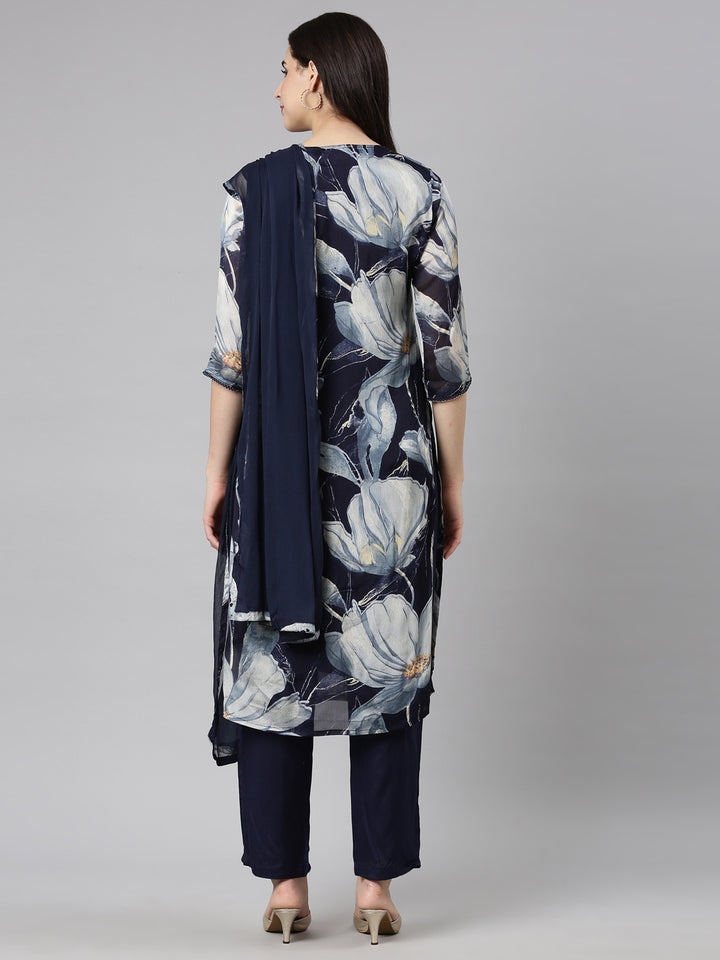 Neerus Blue Rayon Printed Suit Set - side view