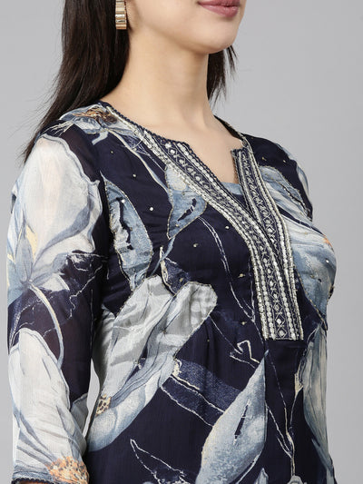 Neerus Navy Blue Regular Straight Floral Kurta And  Trousers With Dupatta