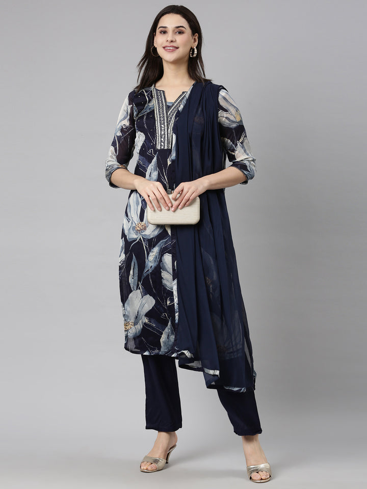 Neerus Blue Rayon Printed Suit Set - detail view 2