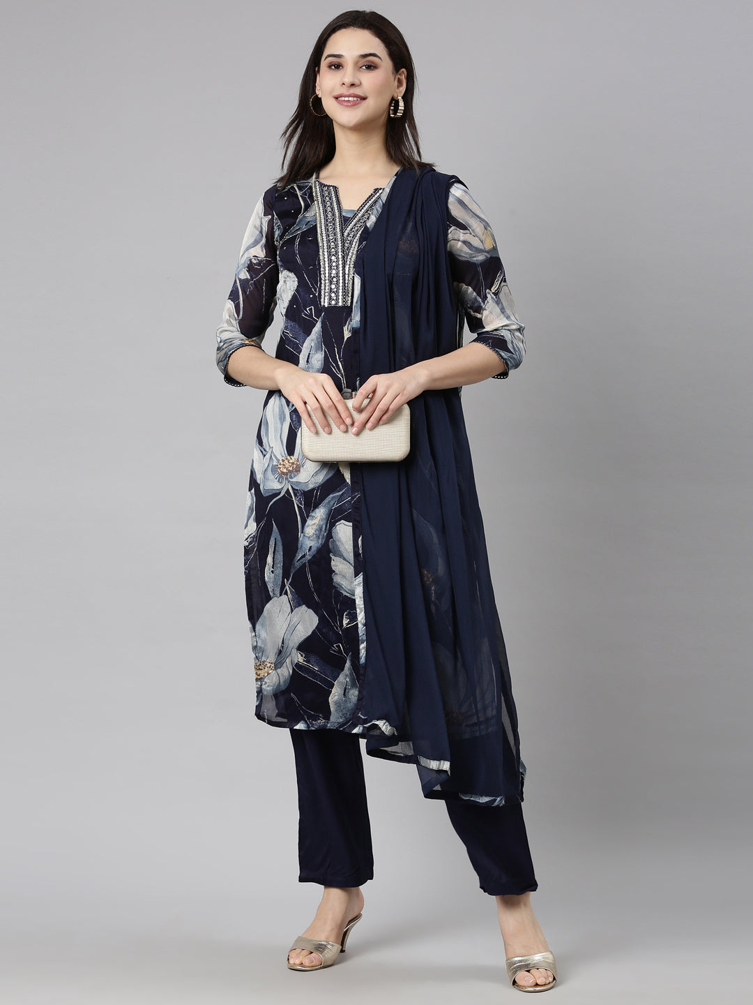 Neerus Navy Blue Regular Straight Floral Kurta And  Trousers With Dupatta