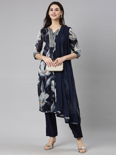 Neerus Navy Blue Regular Straight Floral Kurta And  Trousers With Dupatta