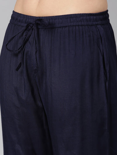 Neerus Navy Blue Regular Straight Floral Kurta And  Trousers With Dupatta