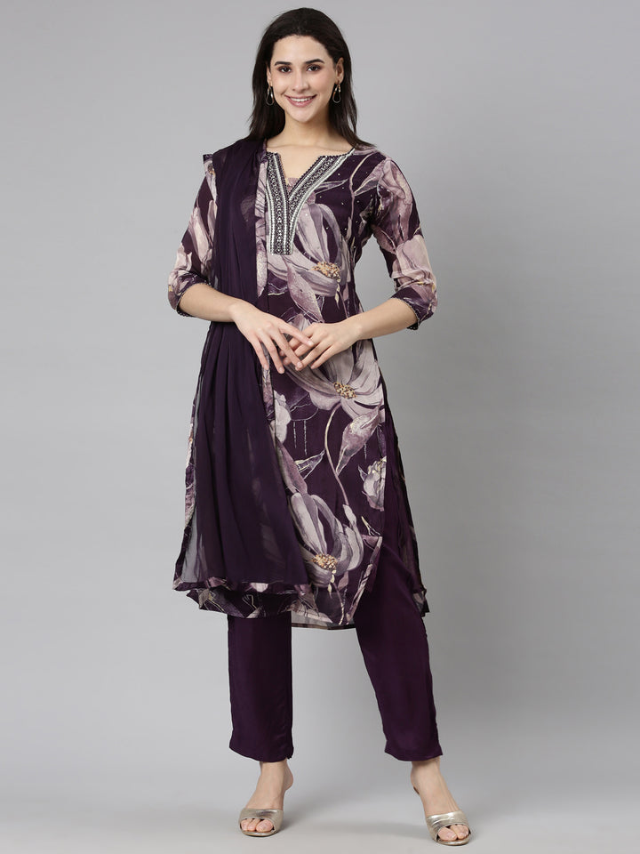 Neerus Purple printed floral straight suit set - front view