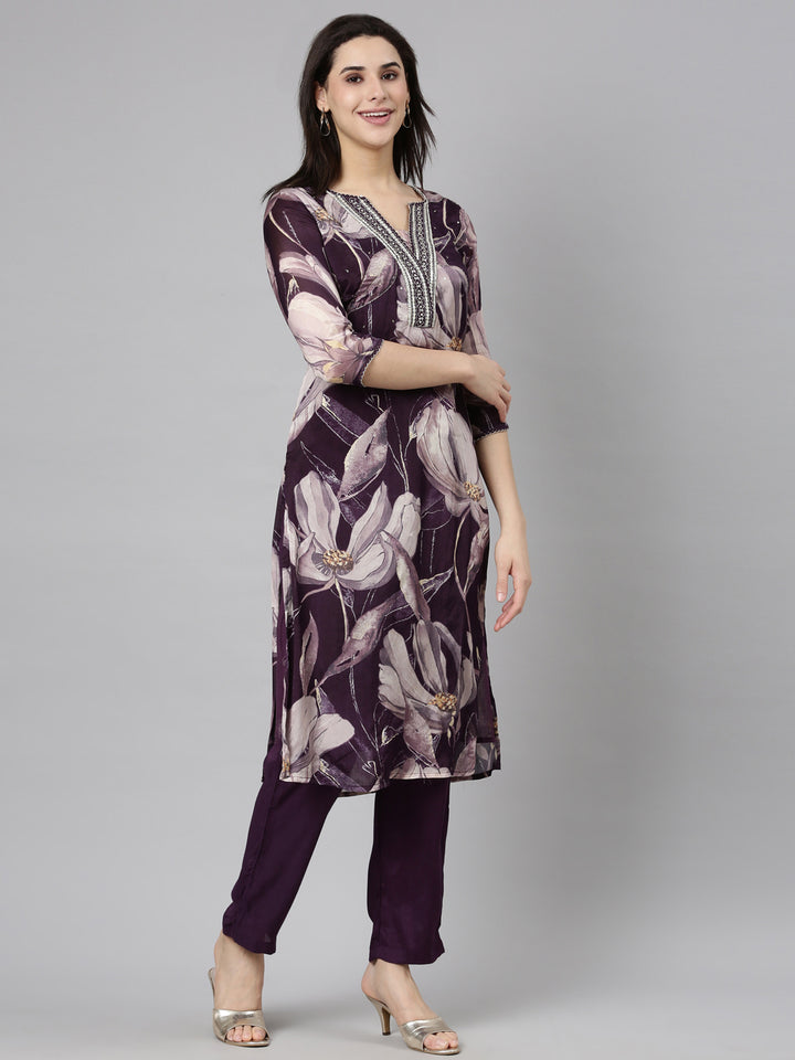 Neerus Purple printed floral straight suit set - back view