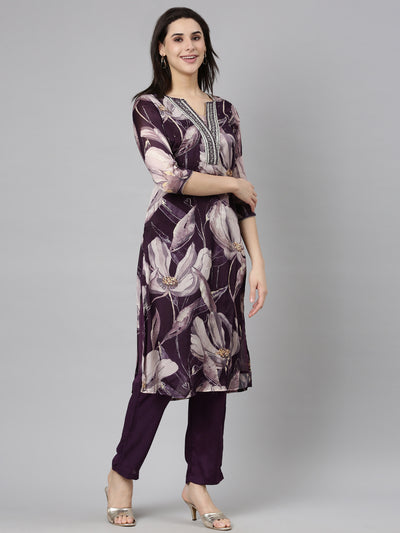 Neerus Purple Regular Straight Floral Kurta And  Trousers With Dupatta