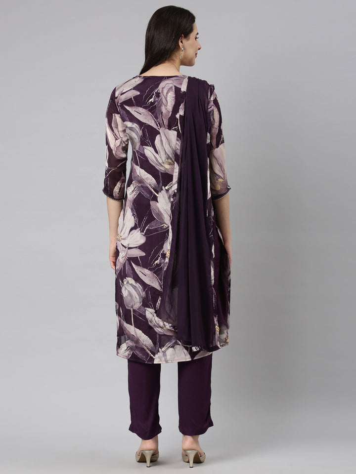 Neerus Purple printed floral straight suit set - side view