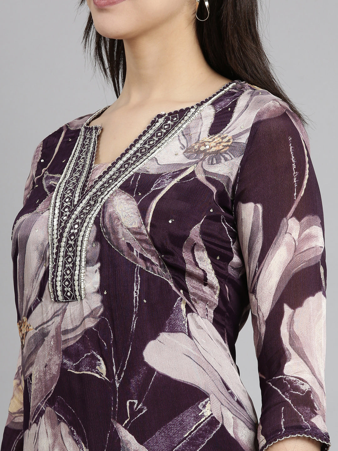 Neerus Purple printed floral straight suit set - detail view 1