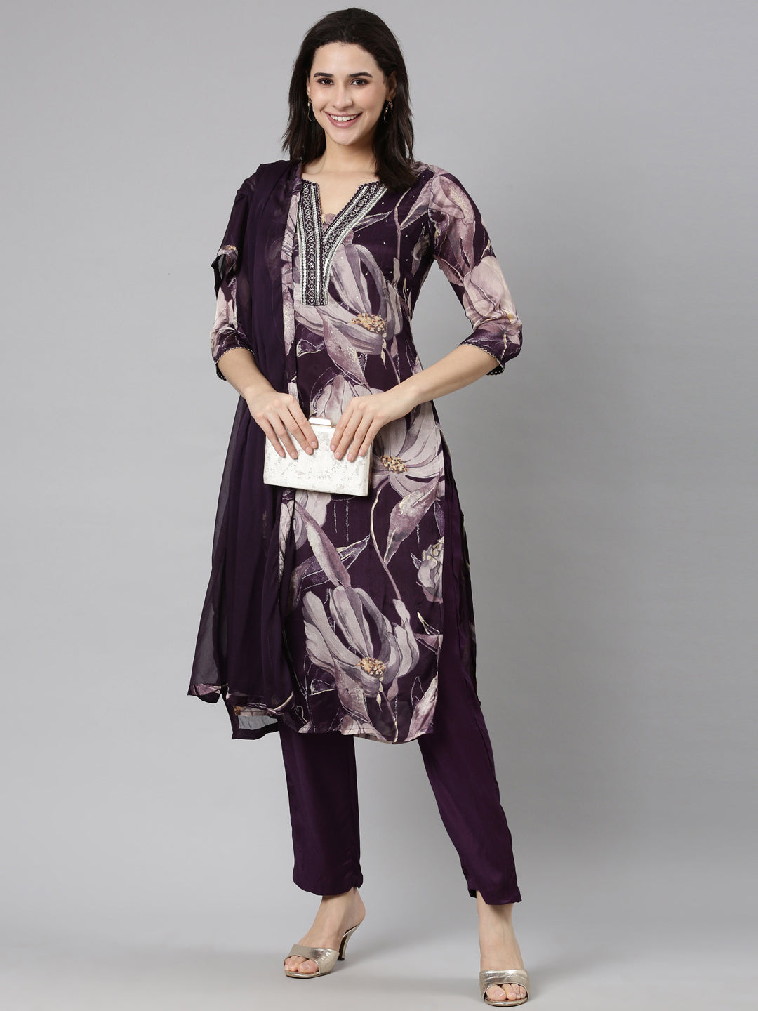 Neerus Purple printed floral straight suit set - detail view 2