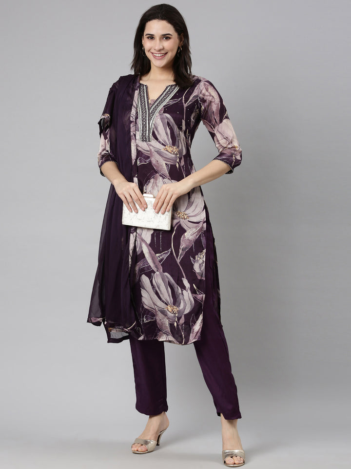 Neerus Purple printed floral straight suit set - detail view 2