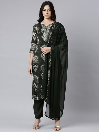 Neerus Olive Regular Straight Floral Kurta And Trousers With Dupatta