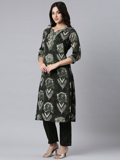 Neerus Olive Regular Straight Floral Kurta And Trousers With Dupatta